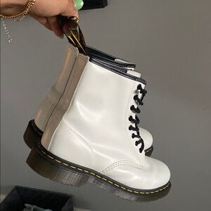 Dr. Martens White and Black Combat Boots with Glossy Finish